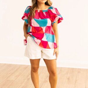 Grace + Emma - Puff Sleeve Top with A Multicolor Print - XS